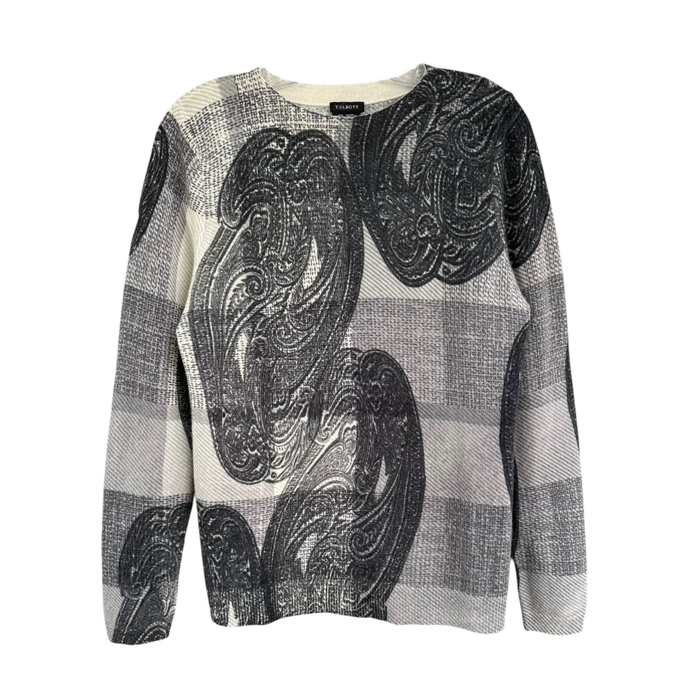 Talbots Grey Black Paisley Pure 100% Cashmere Crewneck Sweater Womens Medium M